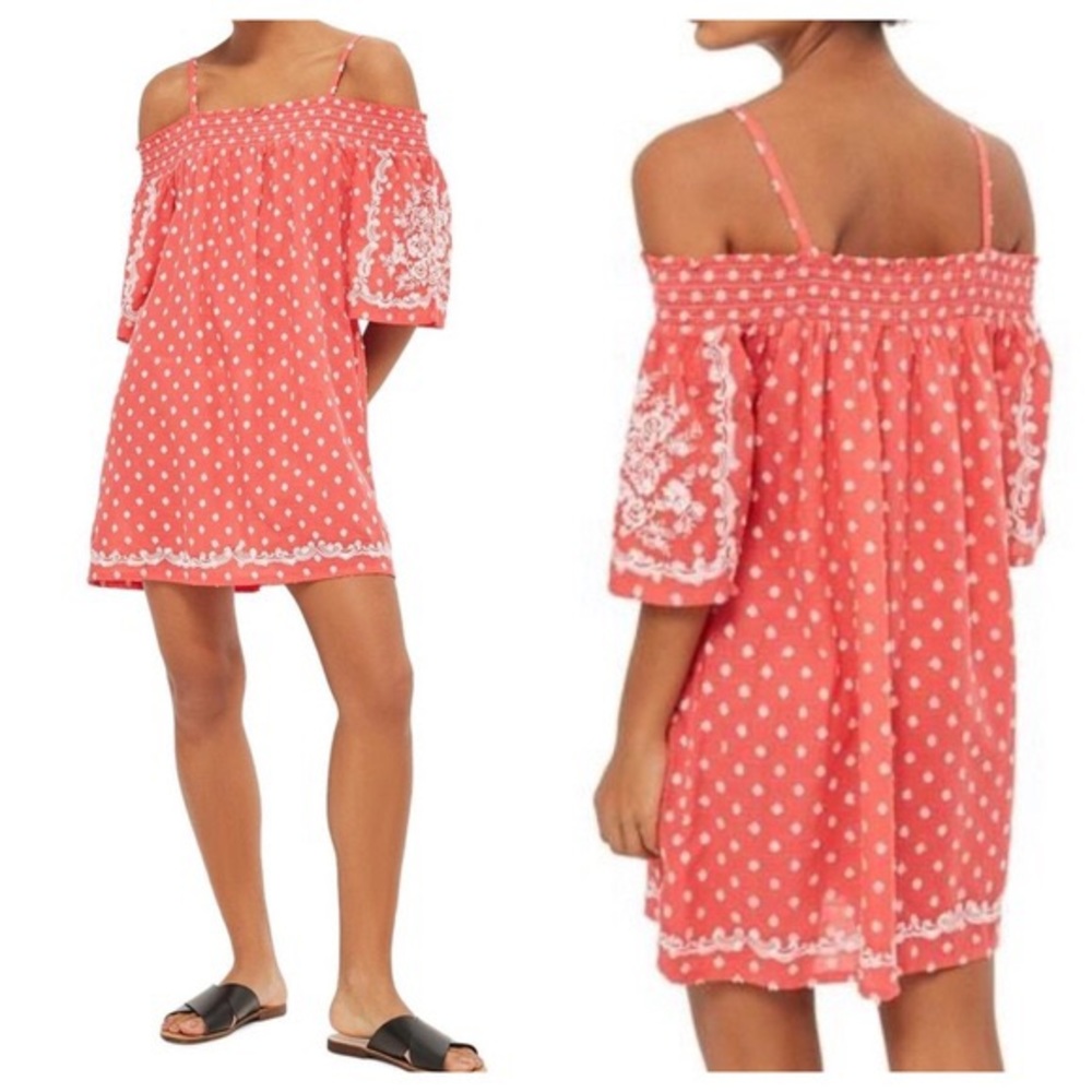 TOPSHOP Coral Embroidered Off-the-Shoulder Dress